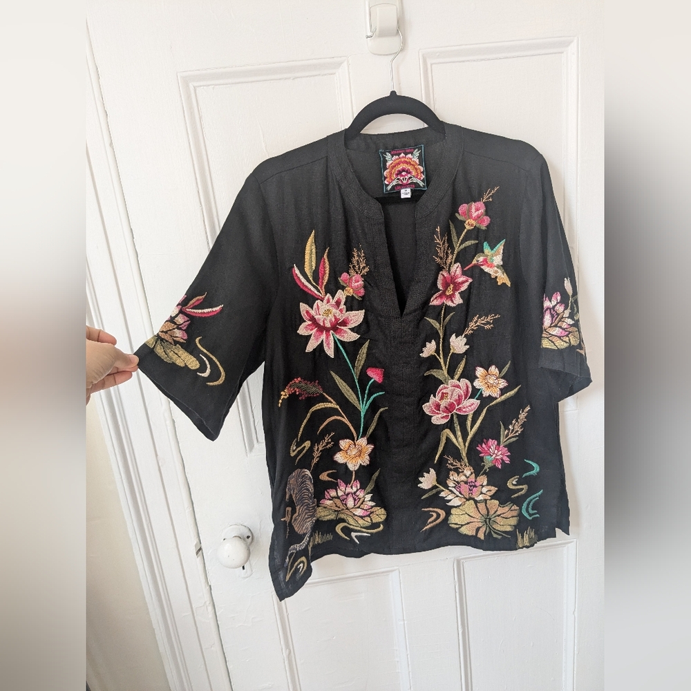 Johnny Was Maisie Easy V-Neck Linen Embroidered Tunic Top - Size M - Picture 3 of 9